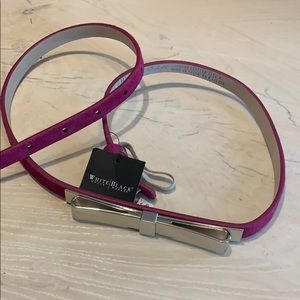 Bright pink thin leather belt with silver bow